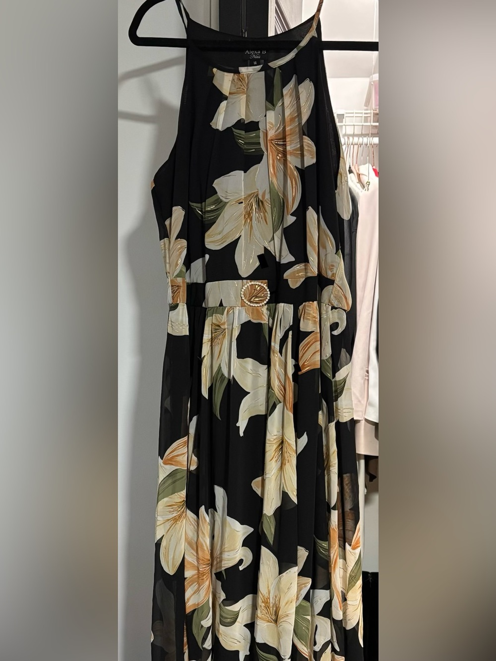 Black Maxi Dress with Cream Floral Print and Gold Accent